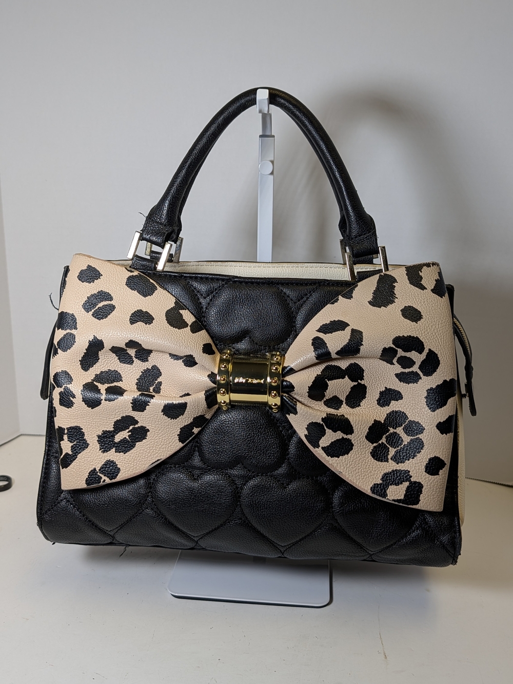 Betsey Johnson Black Quilted Satchel with Beige Leopard Bow